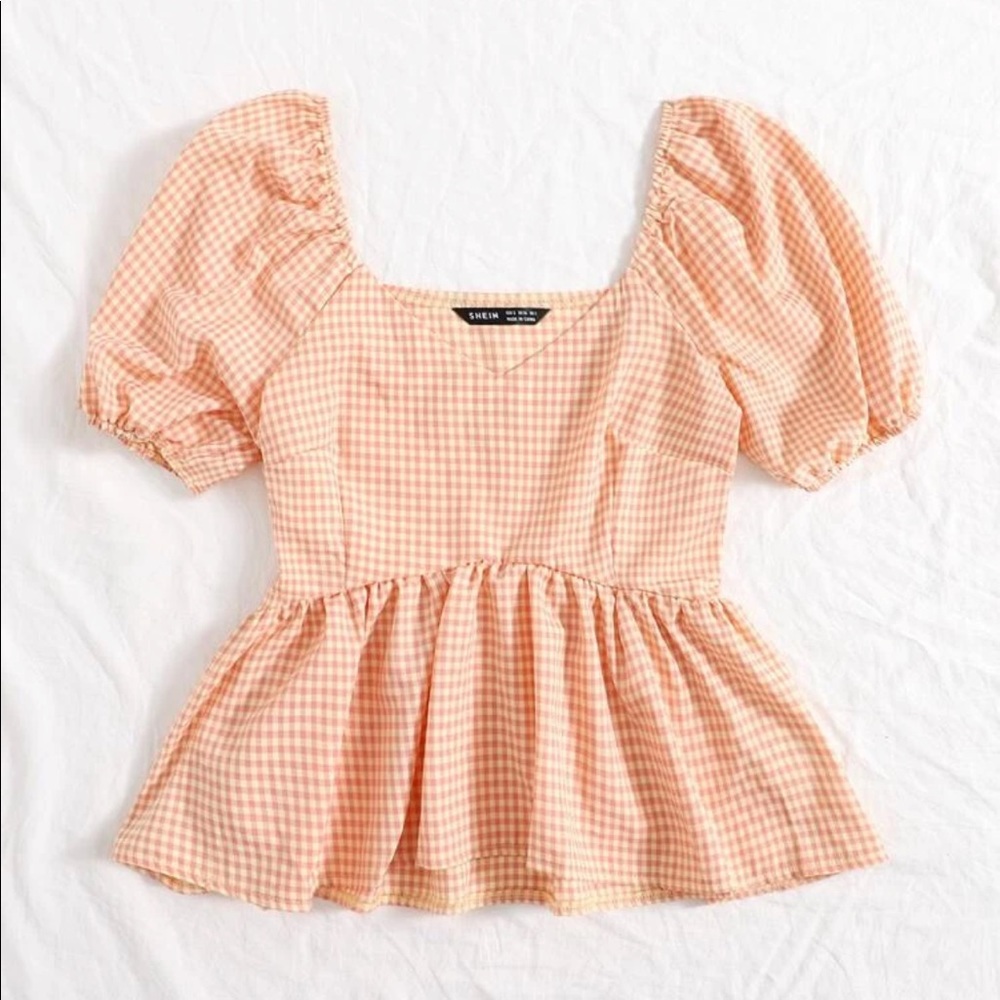 Shein Apricot Gingham Puff Sleeve Peplum Top